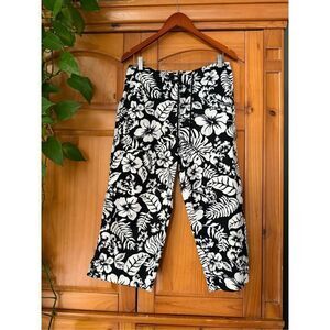 LAUREN RALPH LAUREN Women Black White Floral Cotton Cropped Pants SZ 10